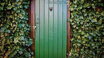 Grüne Holztüre mit einem herzförmigen Loch